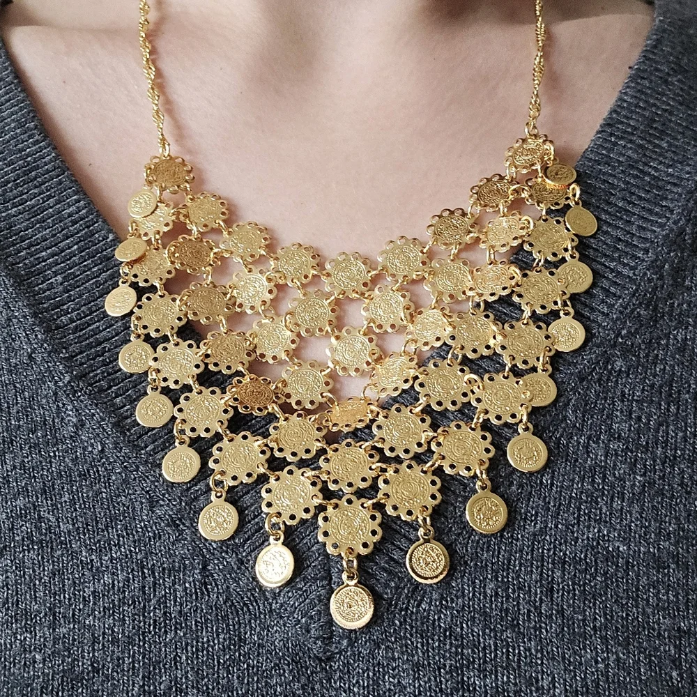 Vintage Gold Coin Medallion Bib Statement Necklace